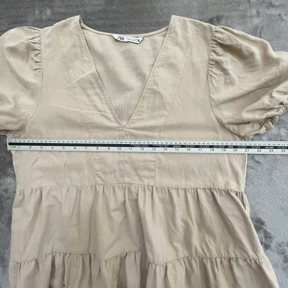 ZARA Beige Linen Blend Tiered Mini Dress V-Neck Puff Sleeve Tan Babydoll Large - Picture 5 of 5